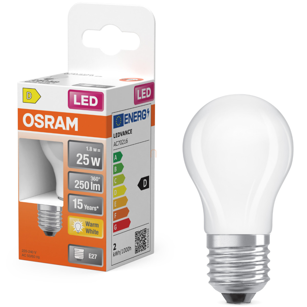 Osram E27 LED kisgömb, 1,8W, 250 lm, 2700 K, melegfehér, opál üveg-25 W izzó helyett - Superstar Classic P