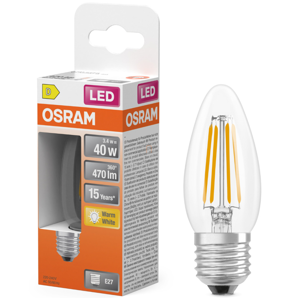 Osram E27 LED gyertya, 3,4W, 470 lm, 2700 K, melegfehér, áttetsző üveg-40 W izzó helyett - Star Classic B filament