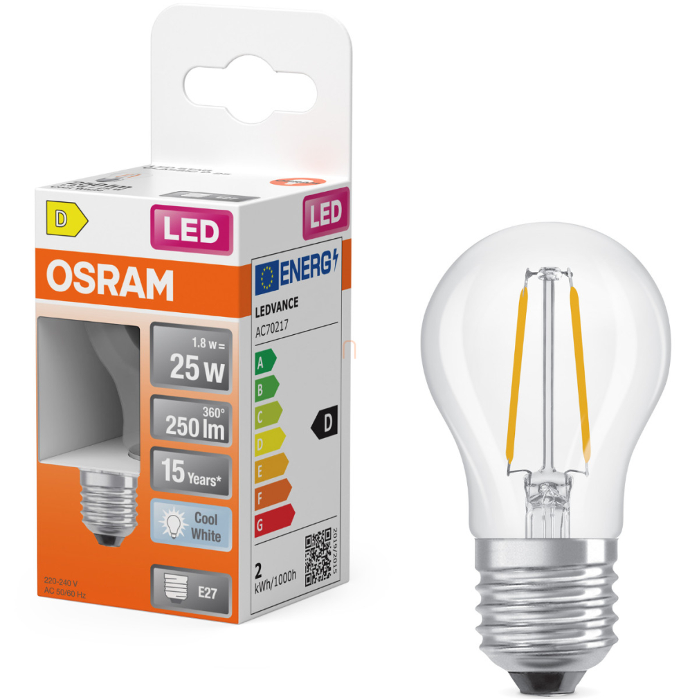 Osram E27 LED kisgömb, 1,8W, 250 lm, 4000 K, hidegfehér, áttetsző üveg-25 W izzó helyett - Superstar Classic P filament