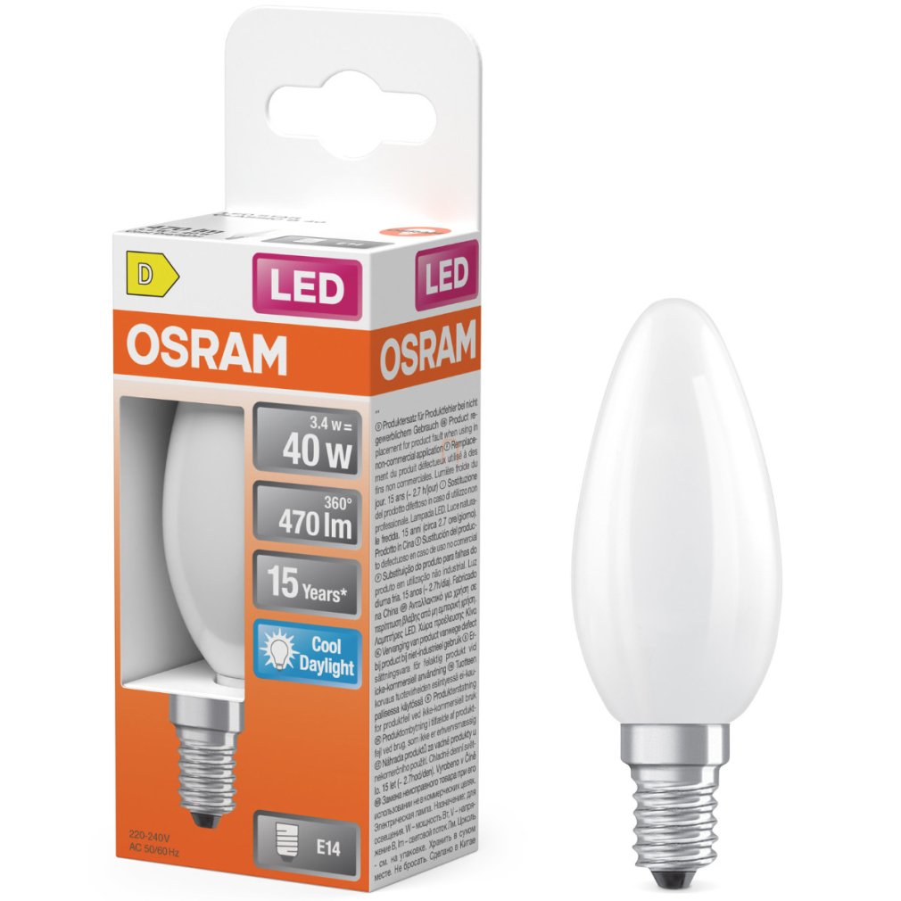 Osram E14 LED gyertya, 3,4W, 470 lm, 6500 K, daylight, opál üveg-40 W izzó helyett - Star Classic B
