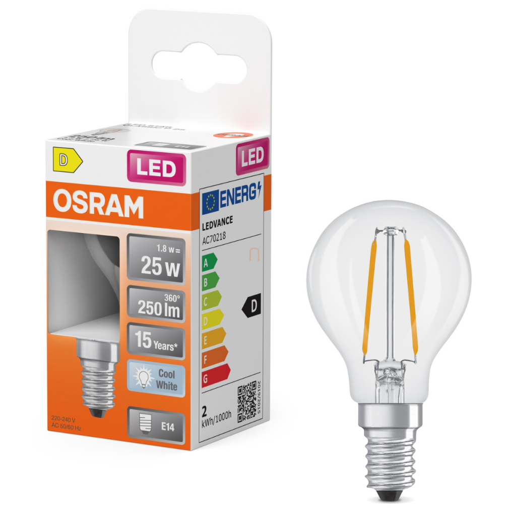 Osram E14 LED kisgömb, 1,8W, 250 lm, 4000 K, hidegfehér, áttetsző üveg-25 W izzó helyett - Superstar Classic P filament