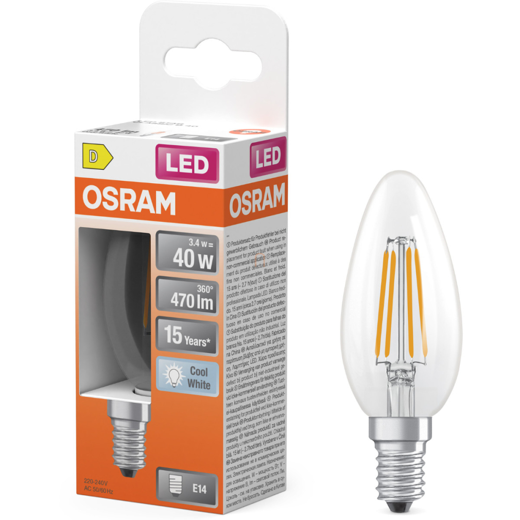 Osram E14 LED gyertya, 3,4W, 470 lm, 4000 K, hidegfehér, áttetsző üveg-40 W izzó helyett - Star Classic B filament