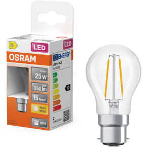   Osram B22d LED 1,8W, 250 lm, 2700 K, melegfehér, áttetsző üveg-25 W izzó helyett - Superstar Classic P filament