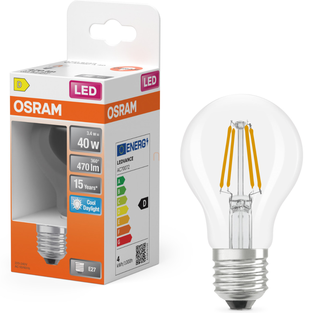 Osram E27 LED 3,4W, 470 lm, 6500 K, daylight, áttetsző üveg-40 W normál izzó helyett - Star Classic A filament
