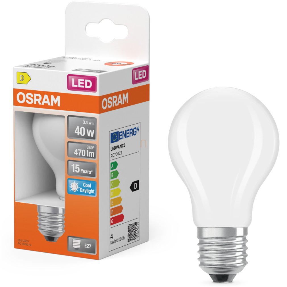 Osram E27 LED 3,4W, 470 lm, 6500 K, daylight, opál üveg-40 W normál izzó helyett - Star Classic A
