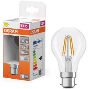   Osram B22d LED 3,4W, 470 lm, 4000 K, hidegfehér, áttetsző üveg-40 W izzó helyett - Star Classic A filament