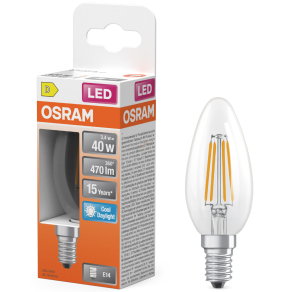   Osram E14 LED gyertya, 3,4W, 470 lm, 6500 K, daylight, áttetsző üveg-40 W izzó helyett - Star Classic B filament