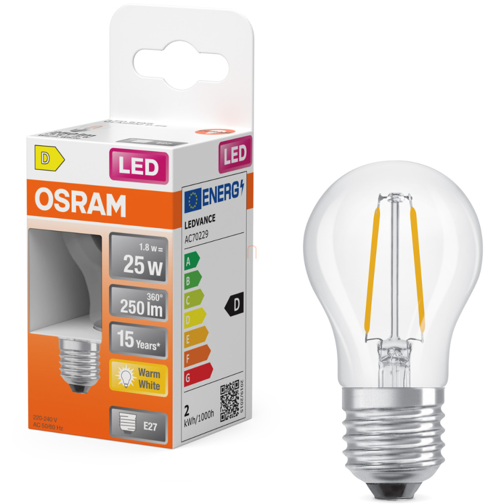 Osram E27 LED kisgömb, 1,8W, 250 lm, 2700 K, melegfehér, áttetsző üveg-25 W izzó helyett - Superstar Classic P filament
