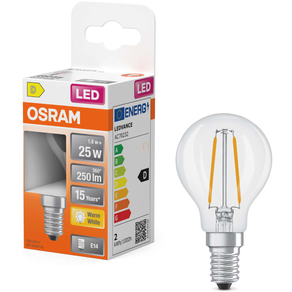 Osram E14 LED kisgömb, 1,8W, 250 lm, 2700 K, melegfehér, áttetsző üveg-25 W izzó helyett - Superstar Classic P filament