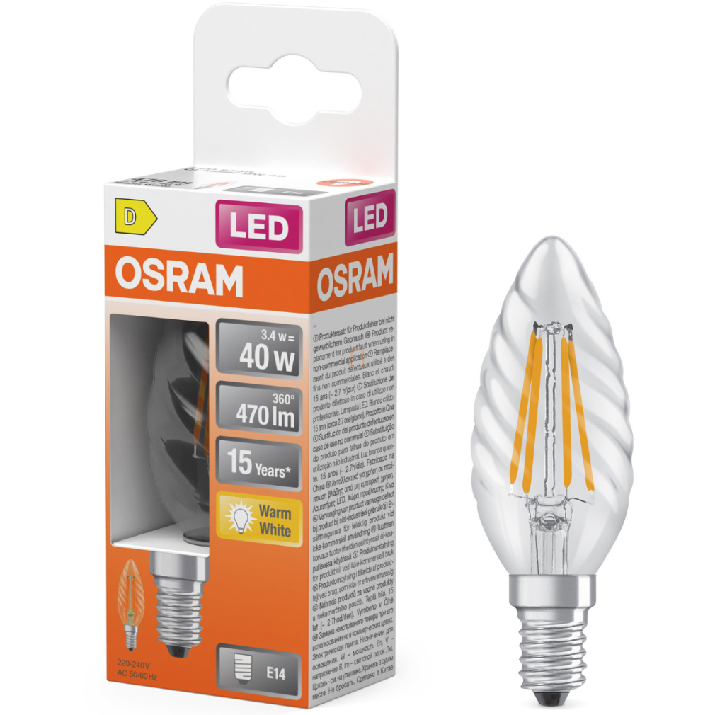 Osram E14 LED gyertya, 3,4W, 470 lm, 2700 K, melegfehér, áttetsző üveg-40 W izzó helyett - Star Classic BW filament