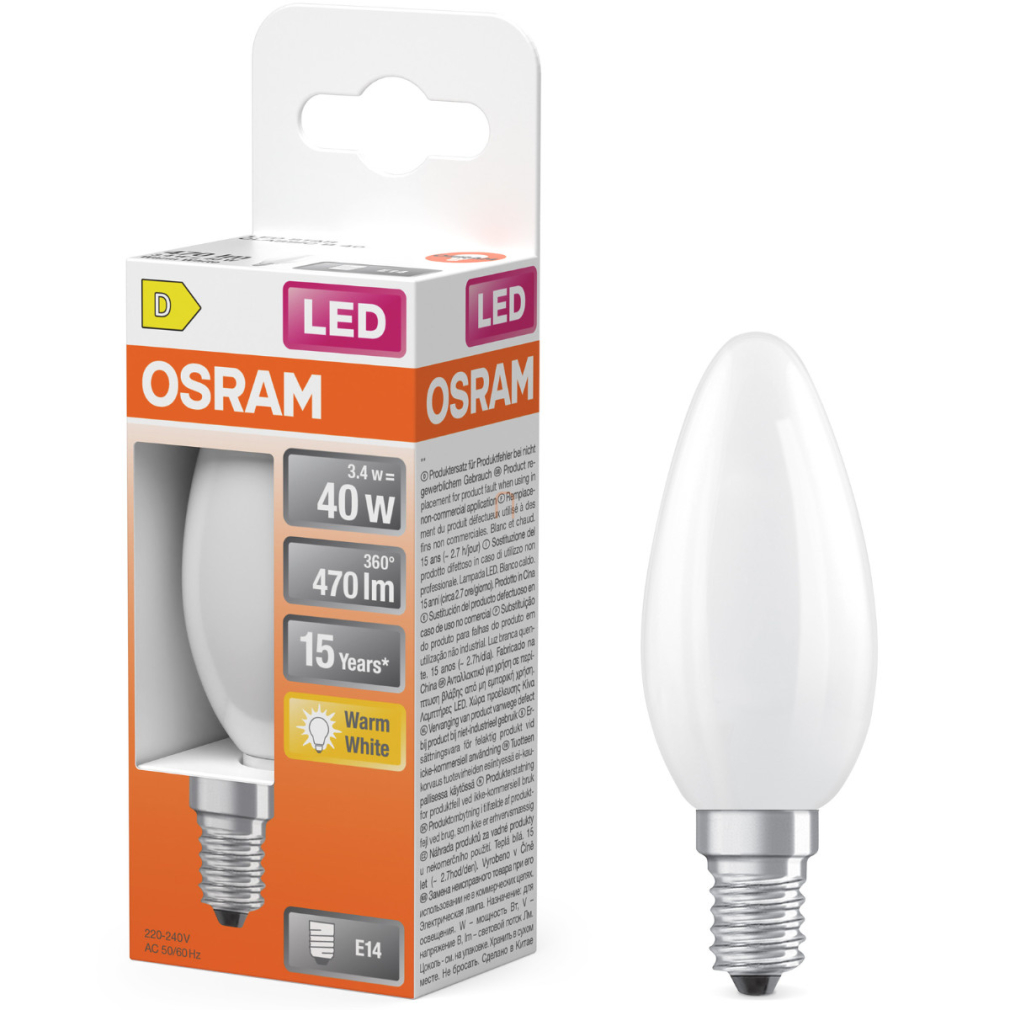 Osram E14 LED gyertya, 3,4W, 470 lm, 2700 K, melegfehér, opál üveg-40 W izzó helyett - Star Classic B