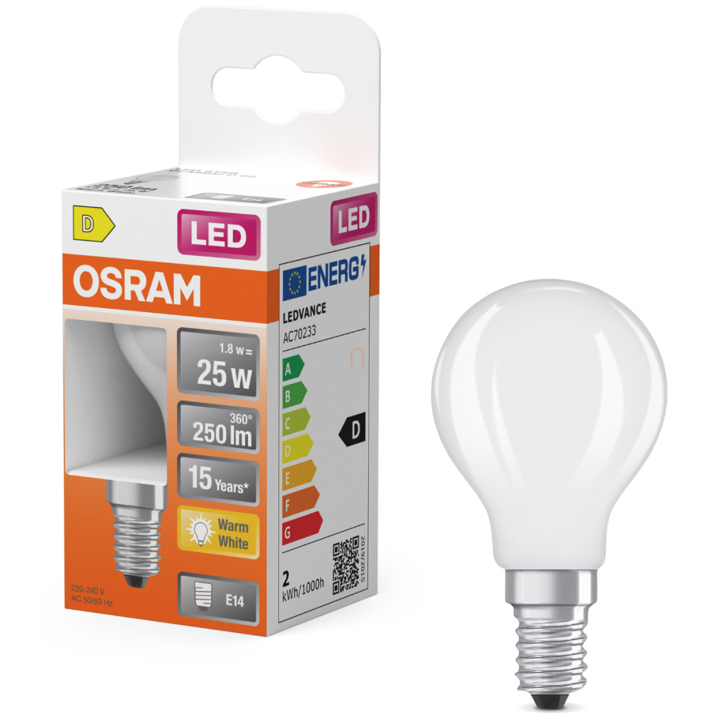Osram E14 LED kisgömb, 1,8W, 250 lm, 2700 K, melegfehér, opál üveg-25 W izzó helyett - Superstar Classic P