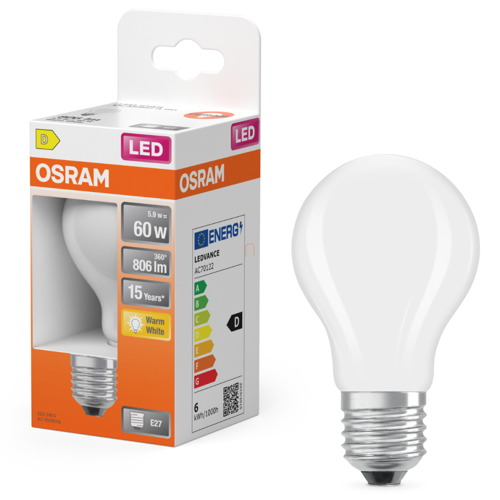 Osram E27 LED 5,9W, 806 lm, 2700 K, melegfehér, opál üveg-60 W normál izzó helyett - Star Classic A