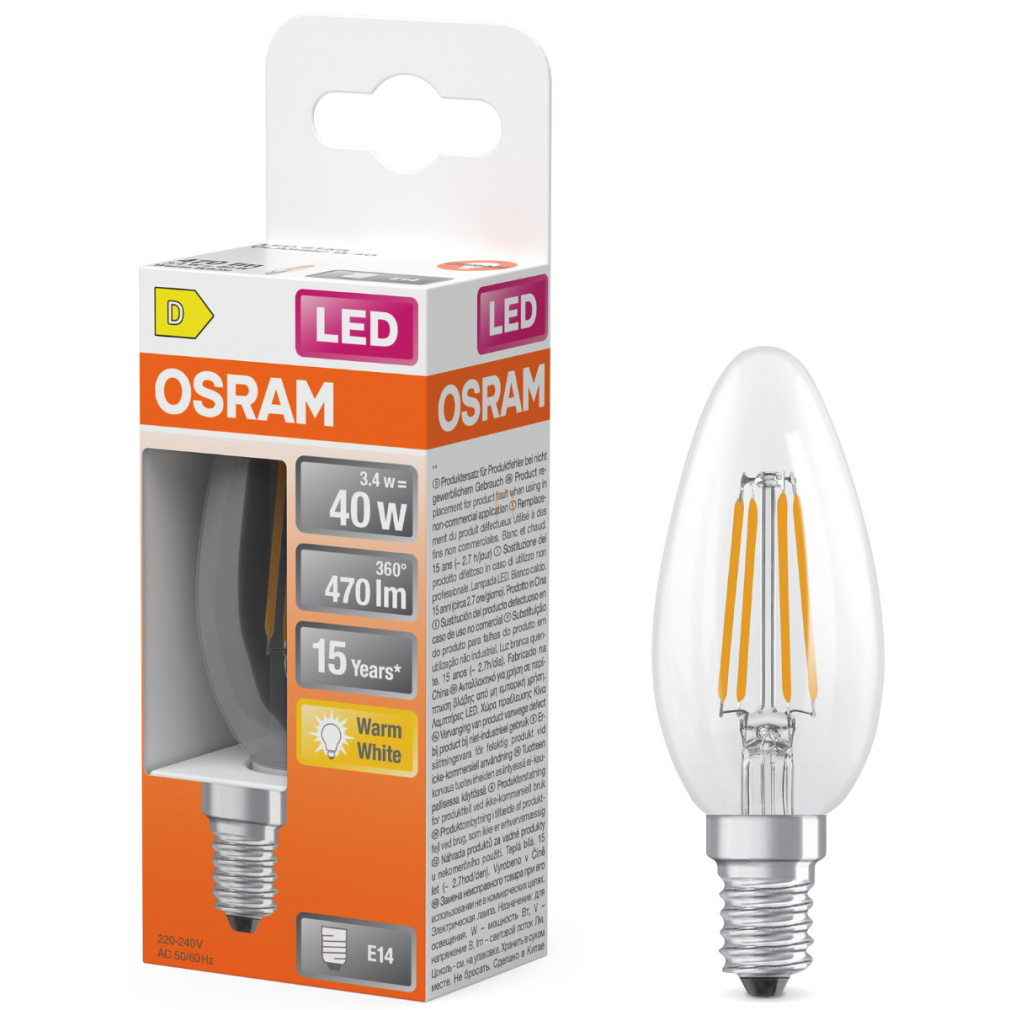 Osram E14 LED gyertya, 3,4W, 470 lm, 2700 K, melegfehér, áttetsző üveg-40 W izzó helyett - Star Classic B filament