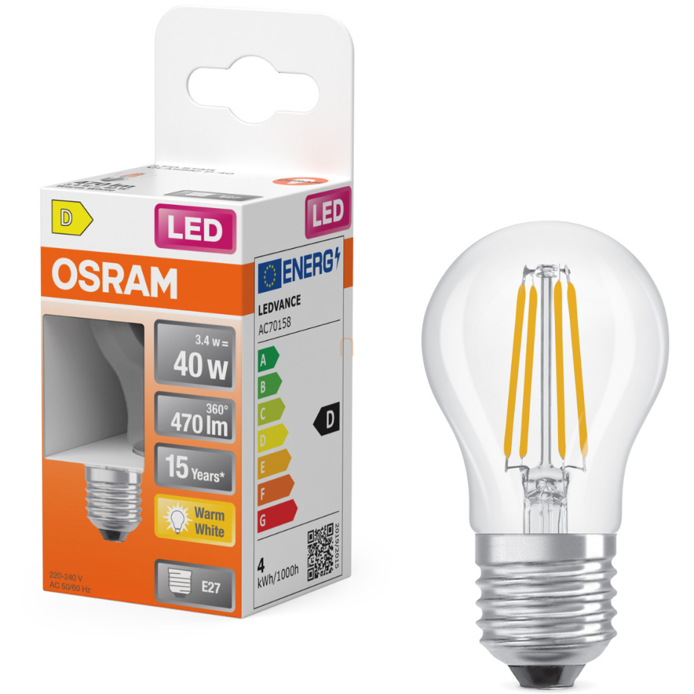 Osram E27 LED kisgömb, 3,4W, 470 lm, 2700 K, melegfehér, áttetsző üveg-40 W izzó helyett - Superstar Classic P filament