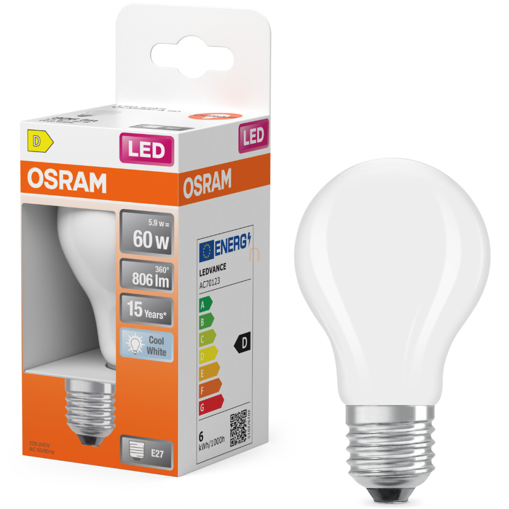 Osram E27 LED 5,9W, 806 lm, 4000 K, hidegfehér, opál üveg-60 W normál izzó helyett - Star Classic A