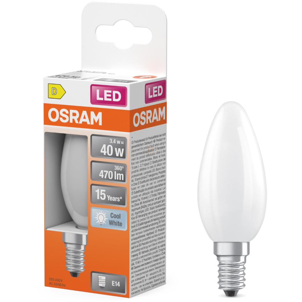 Osram E14 LED gyertya, 3,4W, 470 lm, 4000 K, hidegfehér, opál üveg-40 W izzó helyett - Star Classic B
