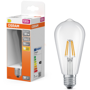   Osram E27 LED Edison filament, 3,4W, 470 lm, 2700 K, melegfehér, áttetsző üveg-40 W izzó helyett - Star Classic filament