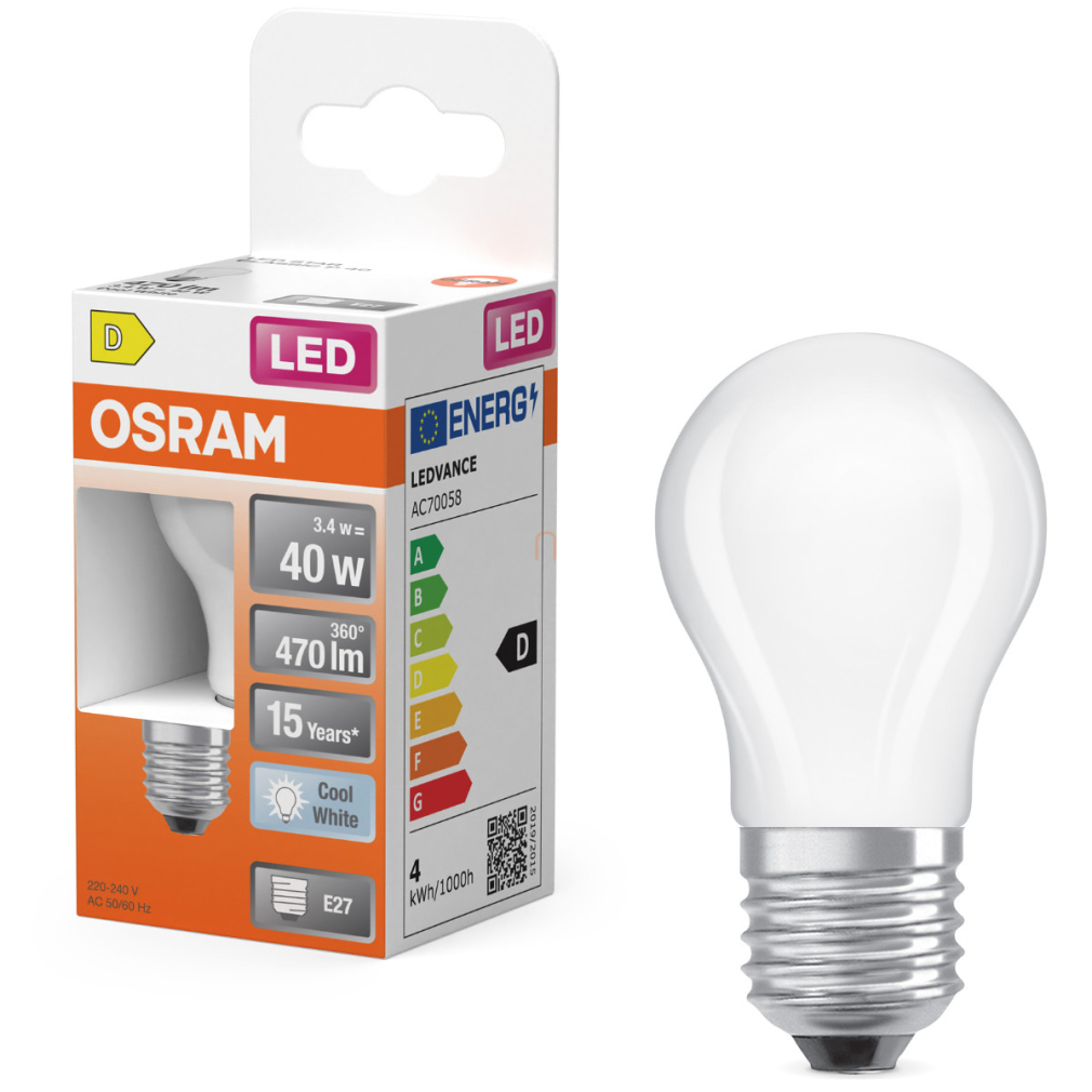 Osram E27 LED kisgömb, 3,4W, 470 lm, 4000 K, hidegfehér, opál üveg-40 W izzó helyett - Superstar Classic P