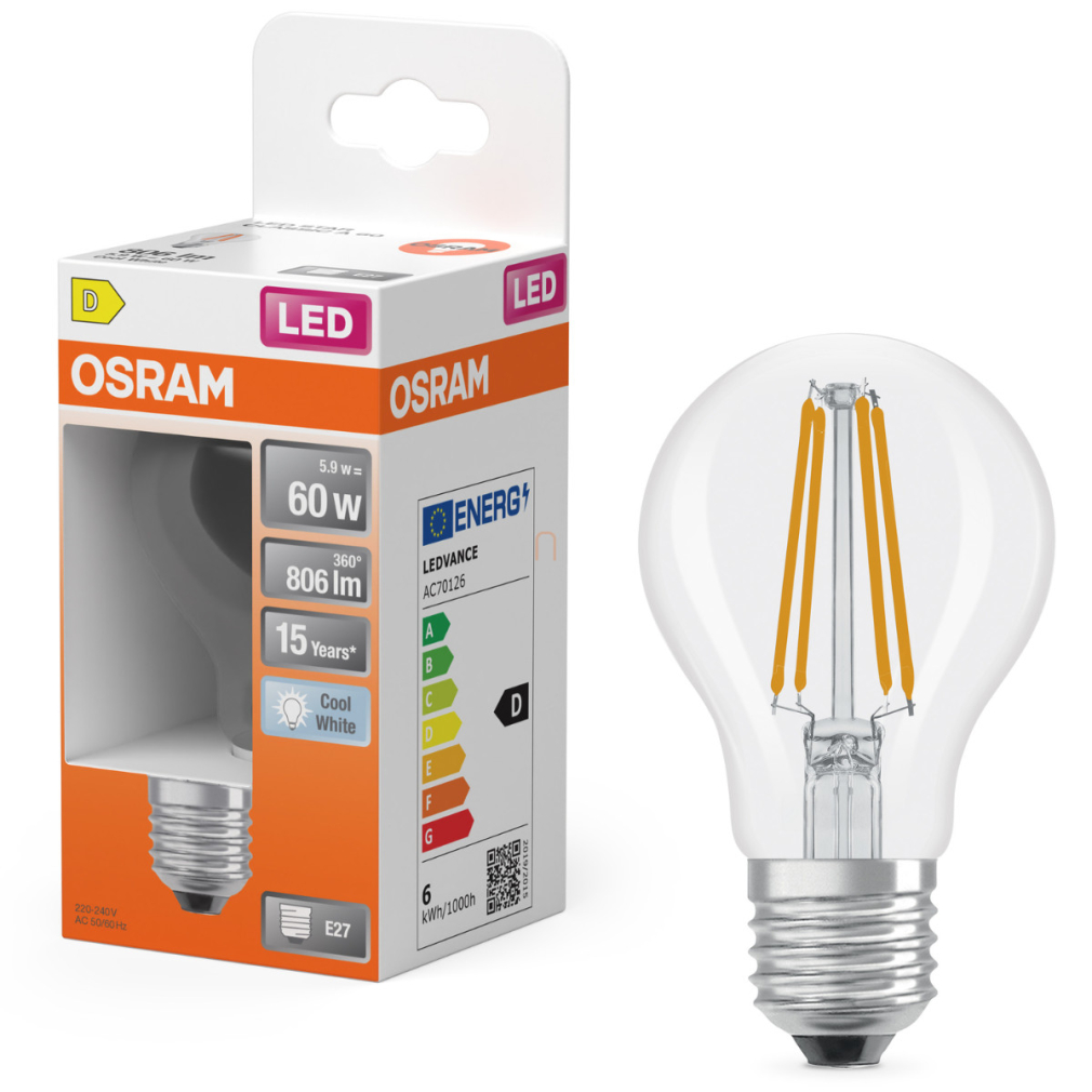 Osram E27 LED 5,9W, 806 lm, 4000 K, hidegfehér, áttetsző üveg-60 W normál izzó helyett - Star Classic A filament