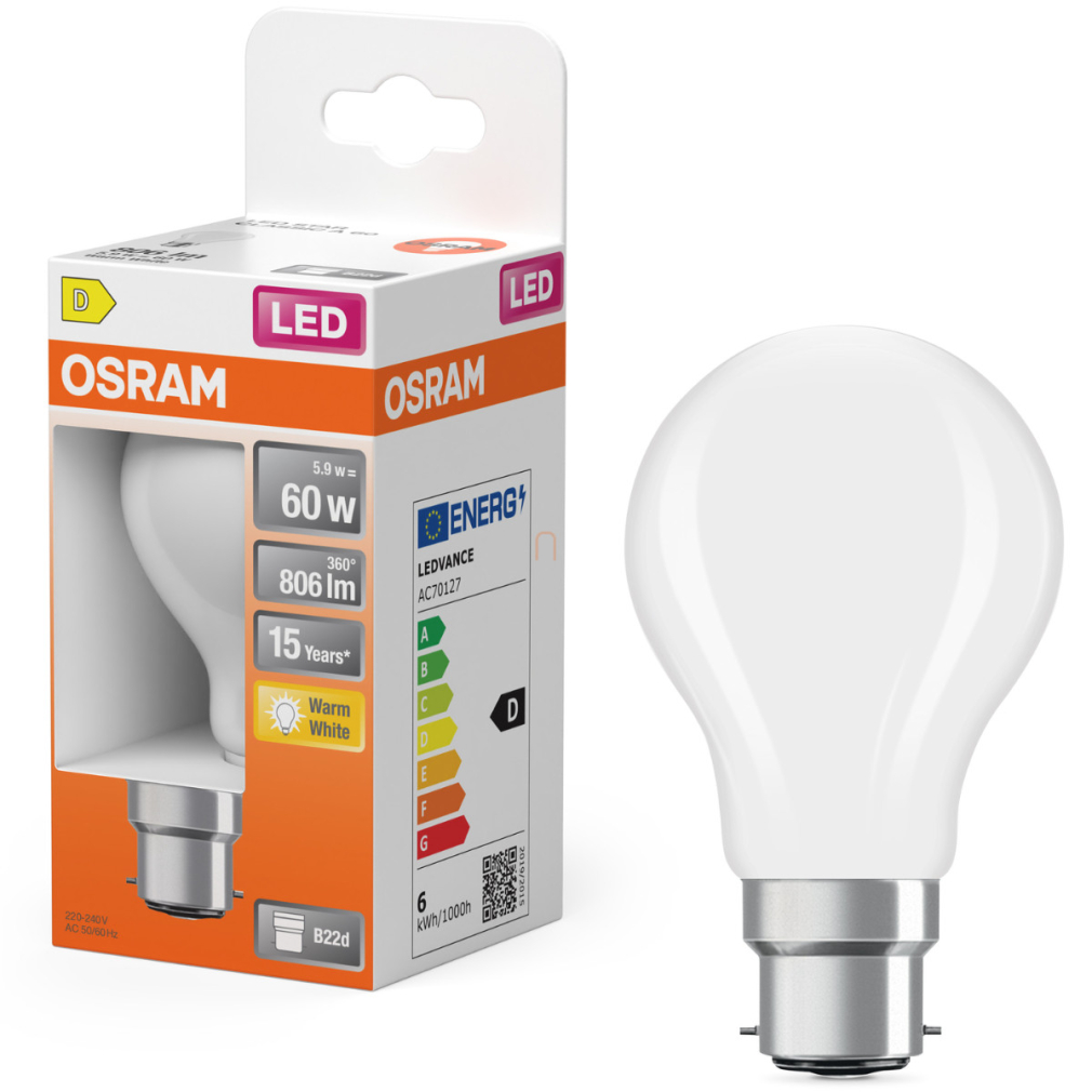 Osram B22d LED 5,9W, 806 lm, 2700 K, melegfehér, opál üveg-60 W izzó helyett - Star Classic A