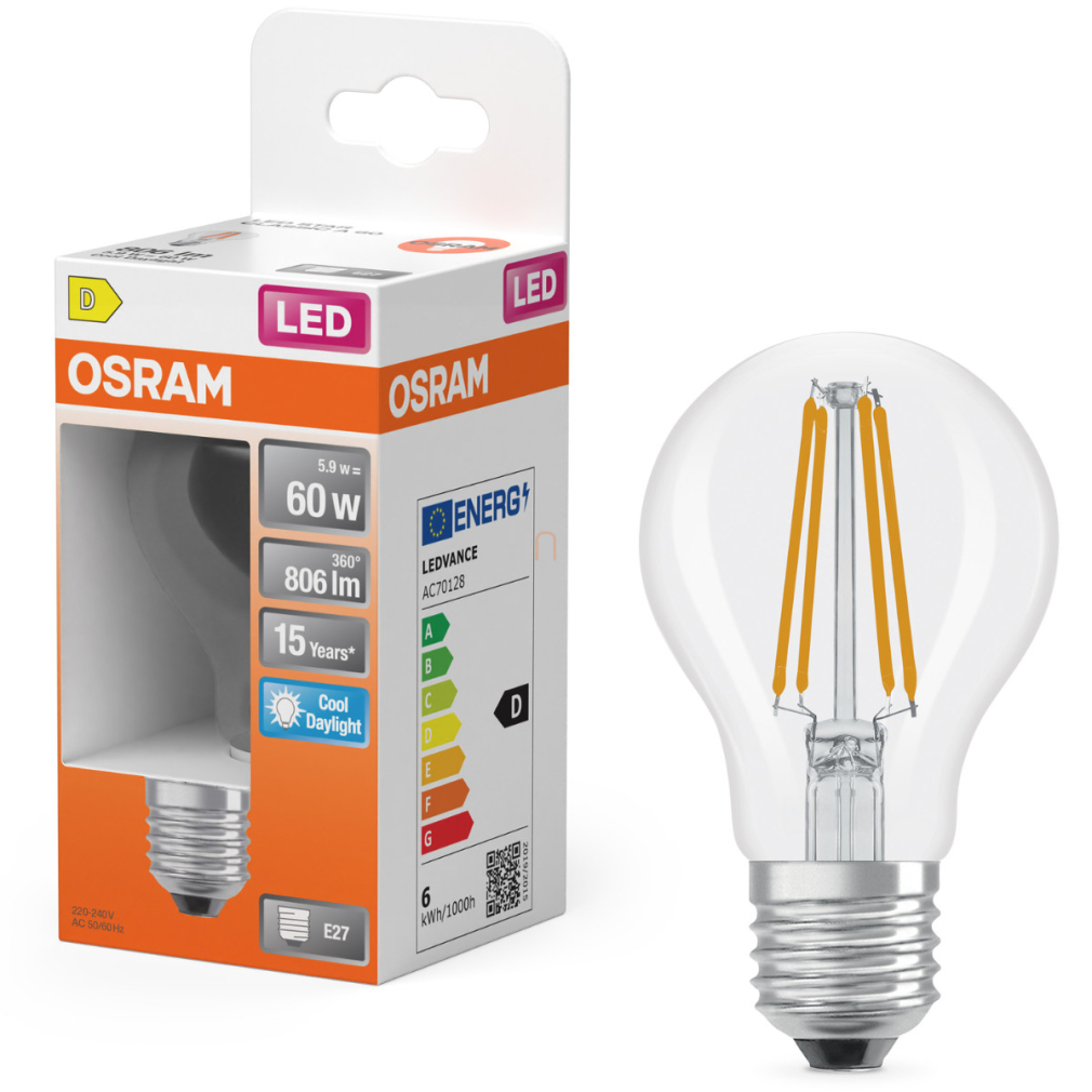 Osram E27 LED 5,9W, 806 lm, 6500 K, daylight, áttetsző üveg-60 W normál izzó helyett - Star Classic A filament
