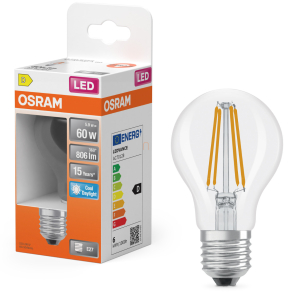   Osram E27 LED 5,9W, 806 lm, 6500 K, daylight, áttetsző üveg-60 W normál izzó helyett - Star Classic A filament