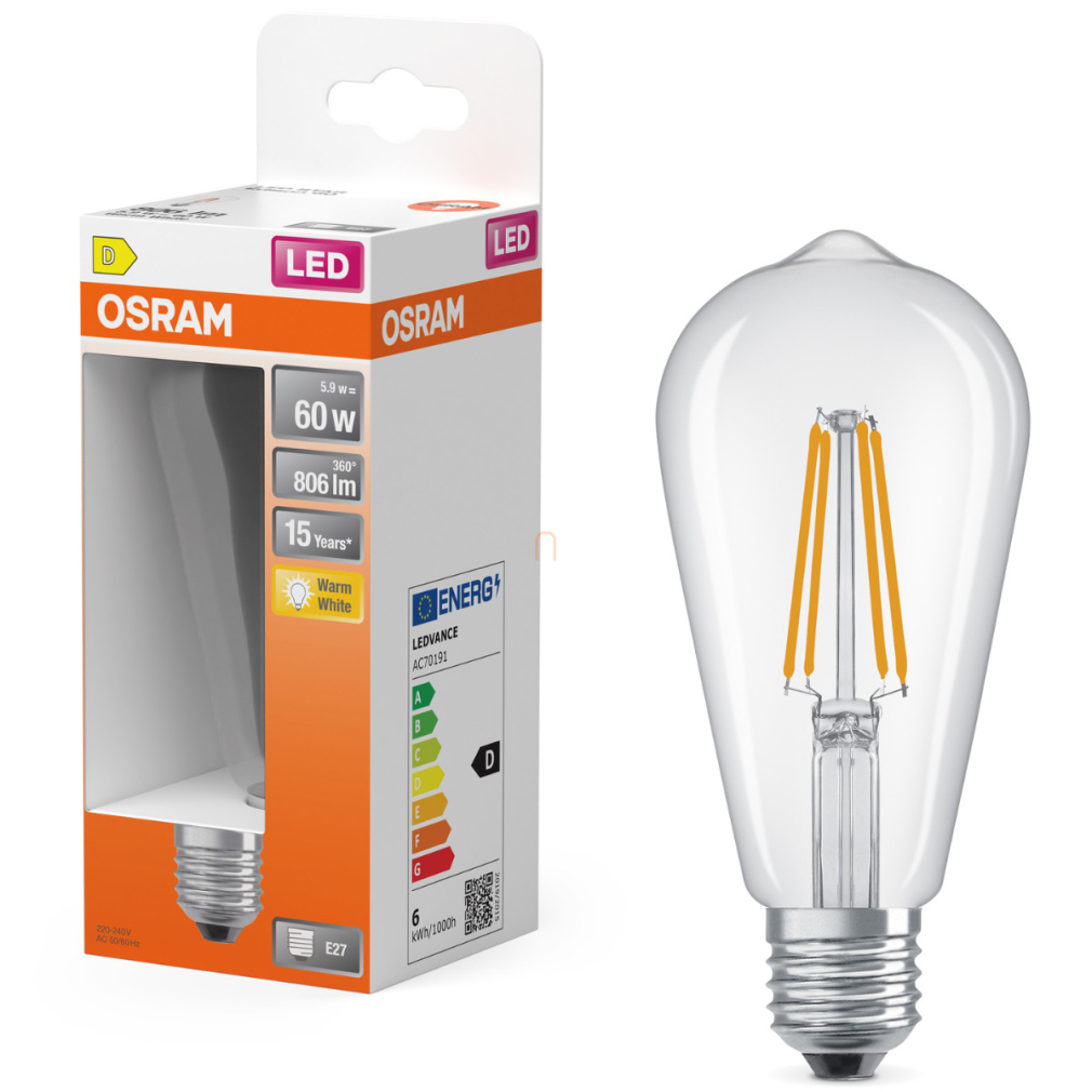 Osram E27 LED Edison filament, 5,9W, 806 lm, 2700 K, melegfehér, áttetsző üveg-60 W izzó helyett - Star Classic filament