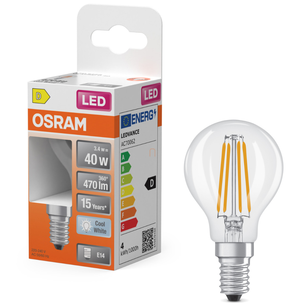 Osram E14 LED kisgömb, 3,4W, 470 lm, 4000 K, hidegfehér, áttetsző üveg-40 W izzó helyett - Superstar Classic P filament