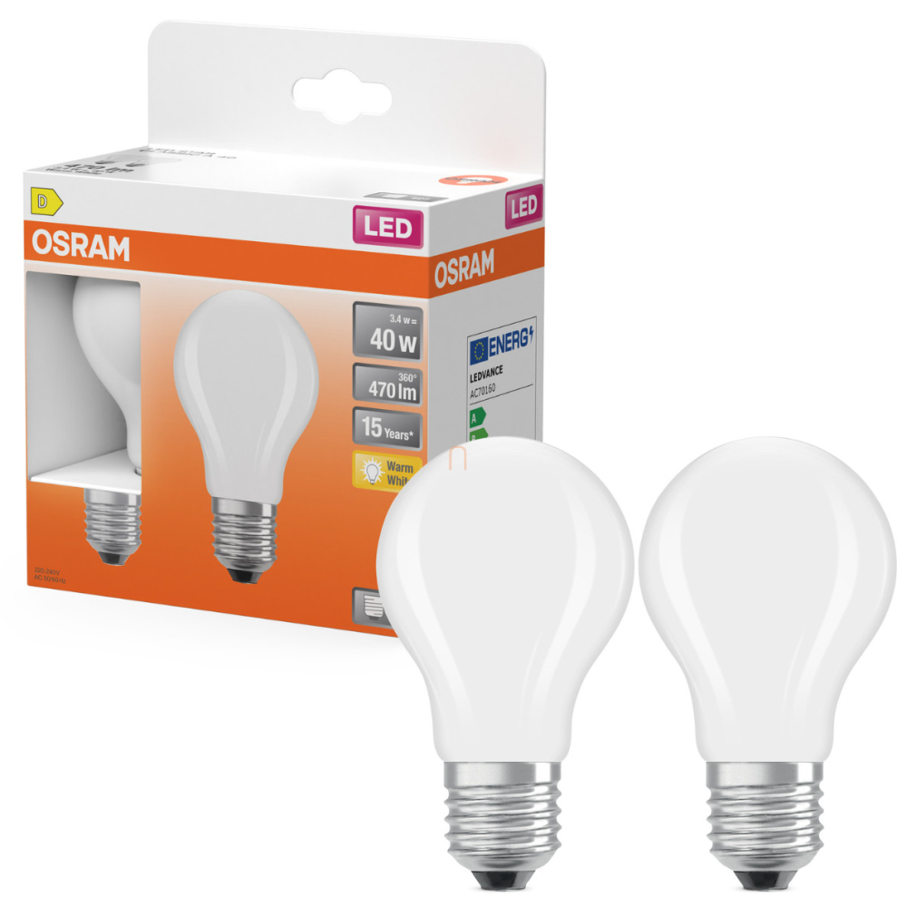 Osram E27 LED 3,4W, 470 lm, 2700 K, melegfehér, opál üveg-40 W normál izzó helyett, 2 darabos - Star Classic A