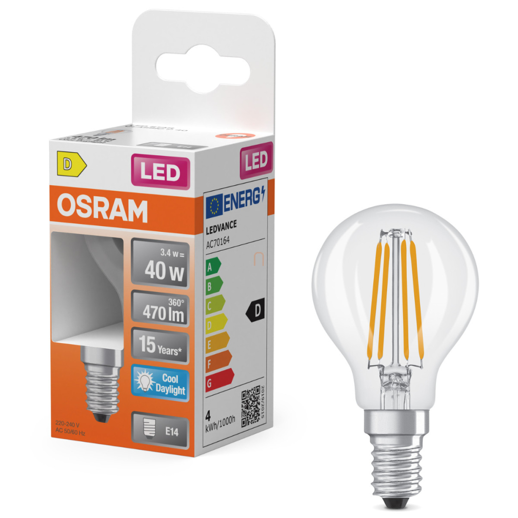 Osram E14 LED kisgömb, 3,4W, 470 lm, 6500 K, daylight, áttetsző üveg-40 W izzó helyett - Superstar Classic P filament