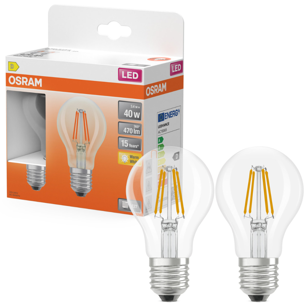 Osram E27 LED 3,4W, 470 lm, 2700 K, melegfehér, áttetsző üveg-40 W normál izzó helyett, 2 darabos - Star Classic A filament