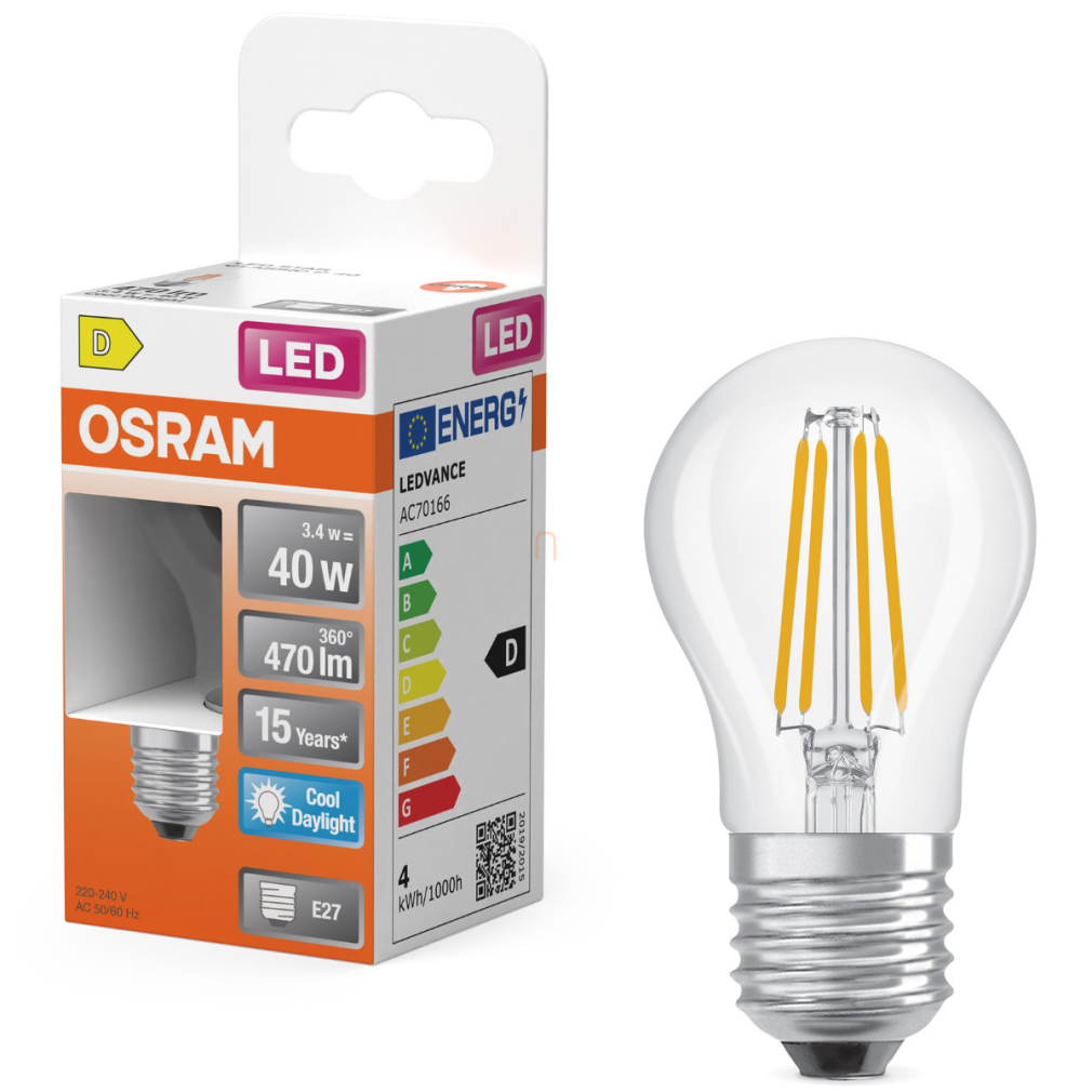 Osram E27 LED kisgömb, 3,4W, 470 lm, 6500 K, daylight, áttetsző üveg-40 W izzó helyett - Superstar Classic P filament