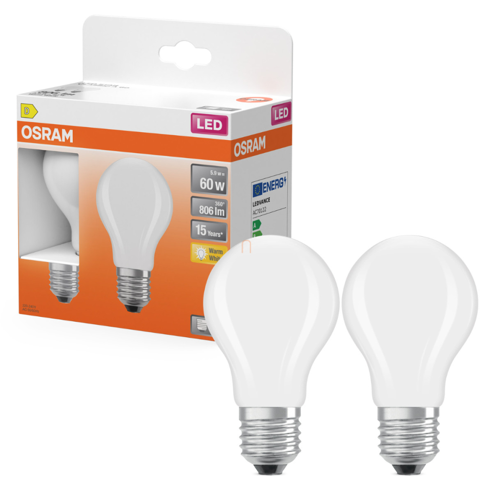 Osram E27 LED 5,9W, 806 lm, 2700 K, melegfehér, opál üveg-60 W normál izzó helyett, 2 darabos - Star Classic A