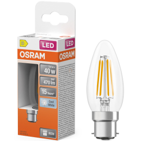   Osram B22d LED 3,4W, 470 lm, 4000 K, hidegfehér, áttetsző üveg-40 W izzó helyett - Star Classic B filament