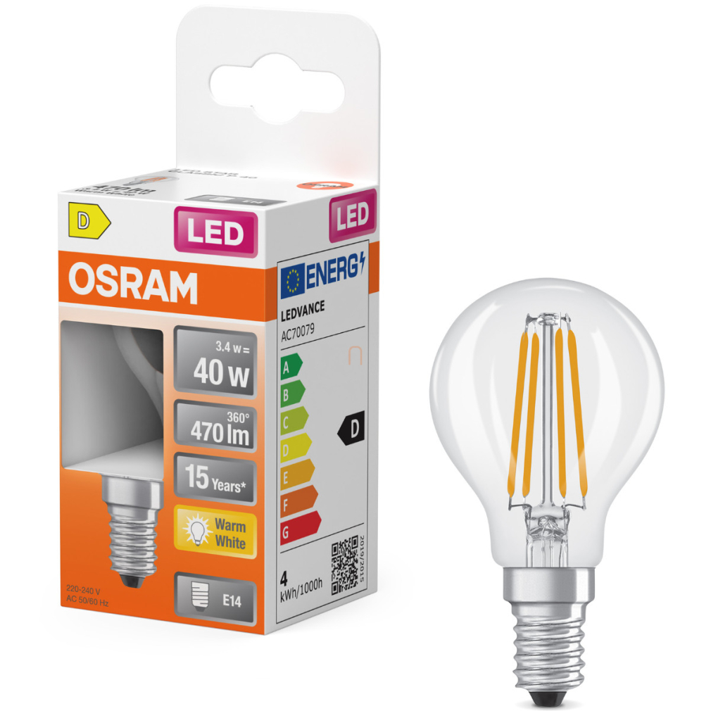 Osram E14 LED kisgömb, 3,4W, 470 lm, 2700 K, melegfehér, áttetsző üveg-40 W izzó helyett - Superstar Classic P filament
