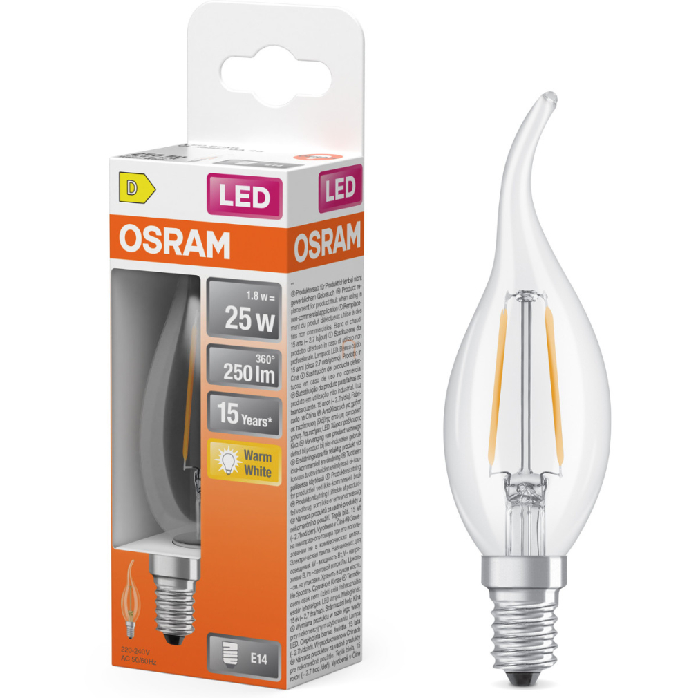 Osram E14 LED gyertya, 1,8W, 250 lm, 2700 K, melegfehér, áttetsző üveg-25 W izzó helyett - Star Classic BA filament