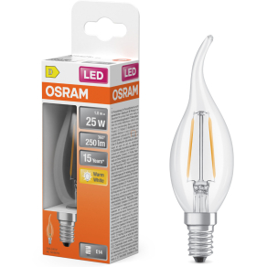   Osram E14 LED gyertya, 1,8W, 250 lm, 2700 K, melegfehér, áttetsző üveg-25 W izzó helyett - Star Classic BA filament