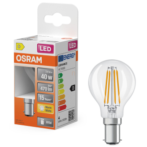   Osram B15d LED 3,4W, 470 lm, 2700 K, melegfehér, áttetsző üveg-40 W izzó helyett - Superstar Classic P filament