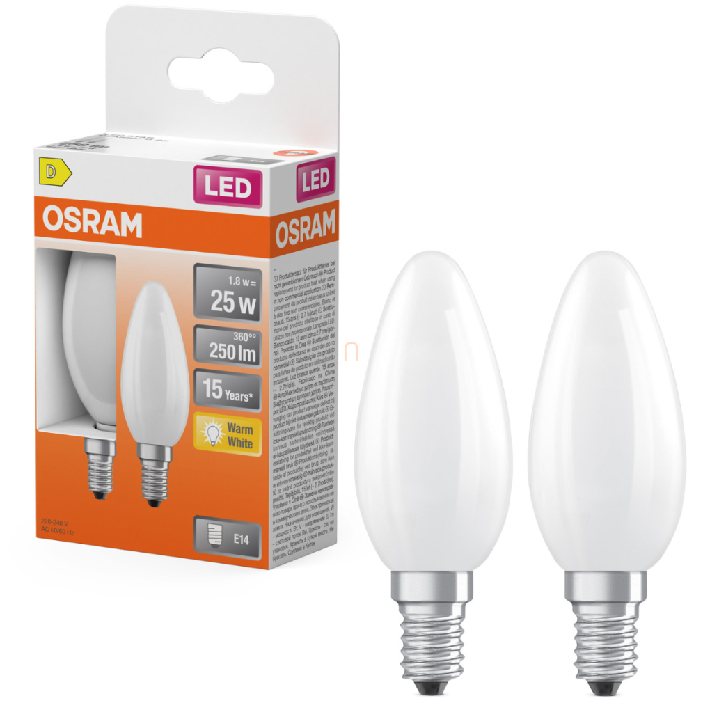 Osram E14 LED gyertya, 1,8W, 250 lm, 2700 K, melegfehér, opál üveg-25 W izzó helyett, 2 darabos - Star Classic B