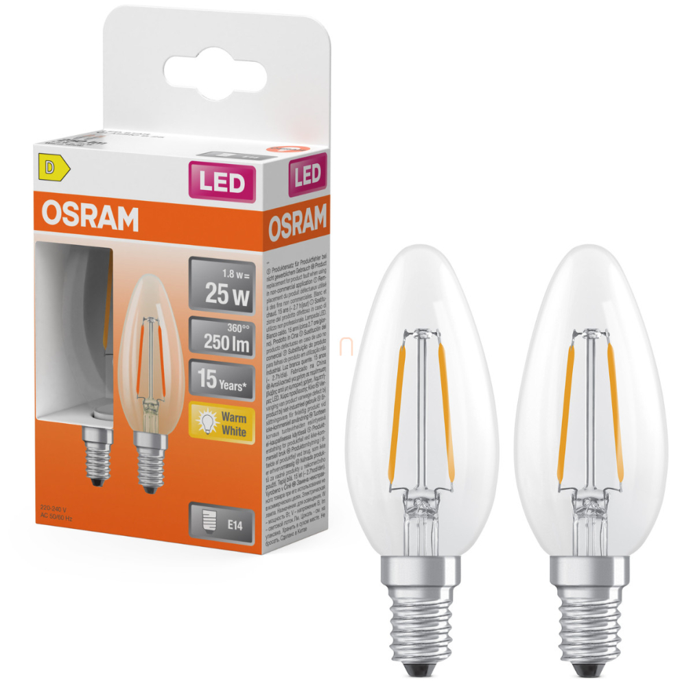 Osram E14 LED gyertya, 1,8W, 250 lm, 2700 K, melegfehér, áttetsző üveg-25 W izzó helyett, 2 darabos - Star Classic B filament
