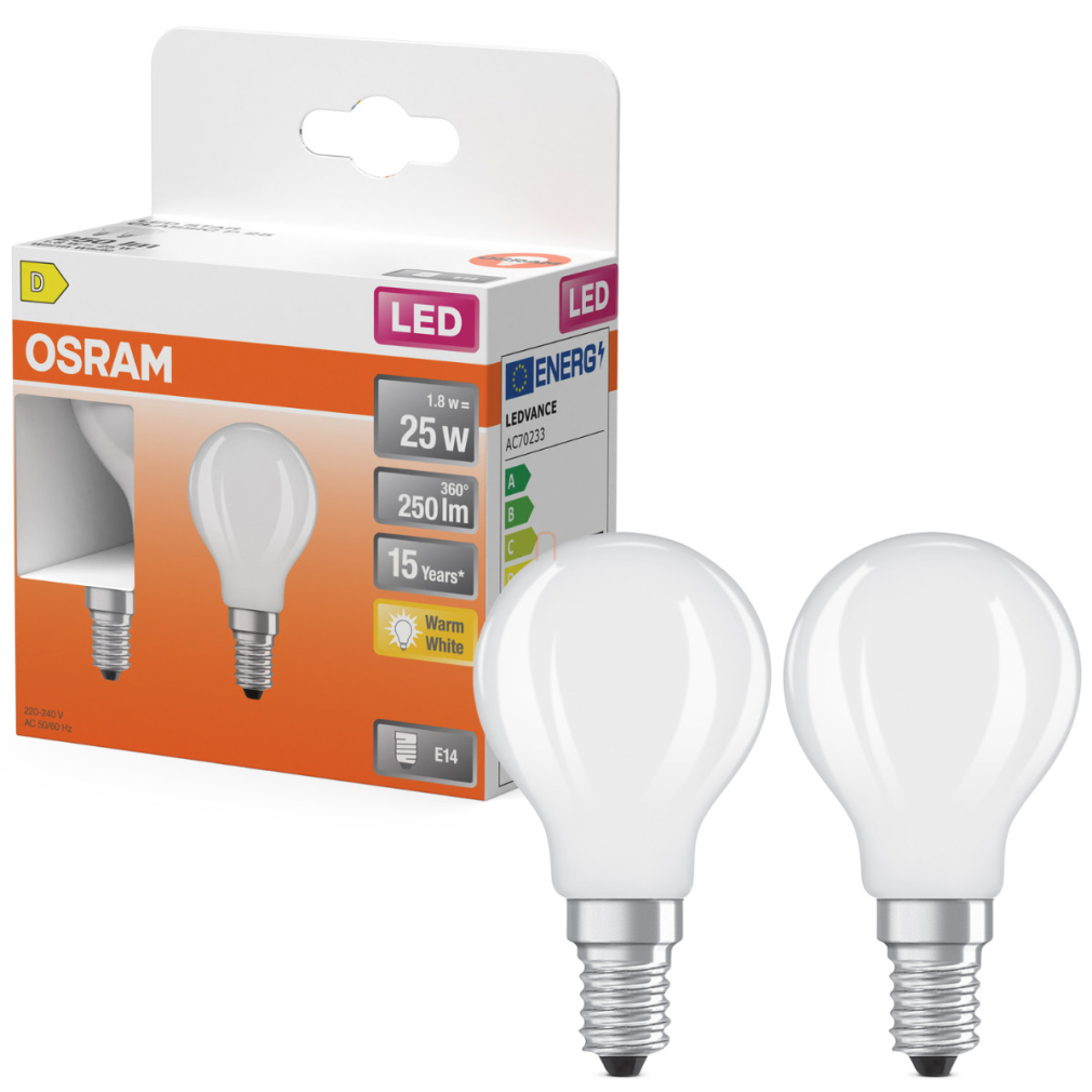 Osram E14 LED kisgömb, 1,8W, 250 lm, 2700 K, melegfehér, opál üveg-25 W izzó helyett, 2 darabos - Superstar Classic P