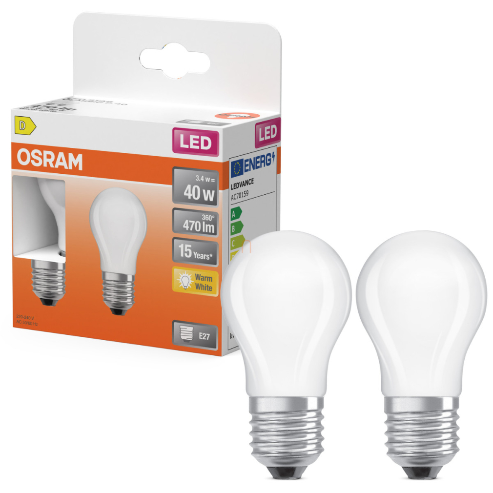 Osram E27 LED kisgömb, 3,4W, 470 lm, 2700 K, melegfehér, opál üveg-40 W izzó helyett, 2 darabos - Superstar Classic P