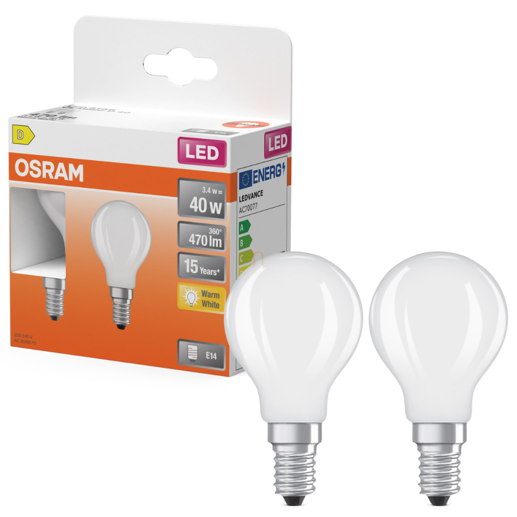 Osram E14 LED kisgömb, 3,4W, 470 lm, 2700 K, melegfehér, opál üveg-40 W izzó helyett, 2 darabos - Superstar Classic P