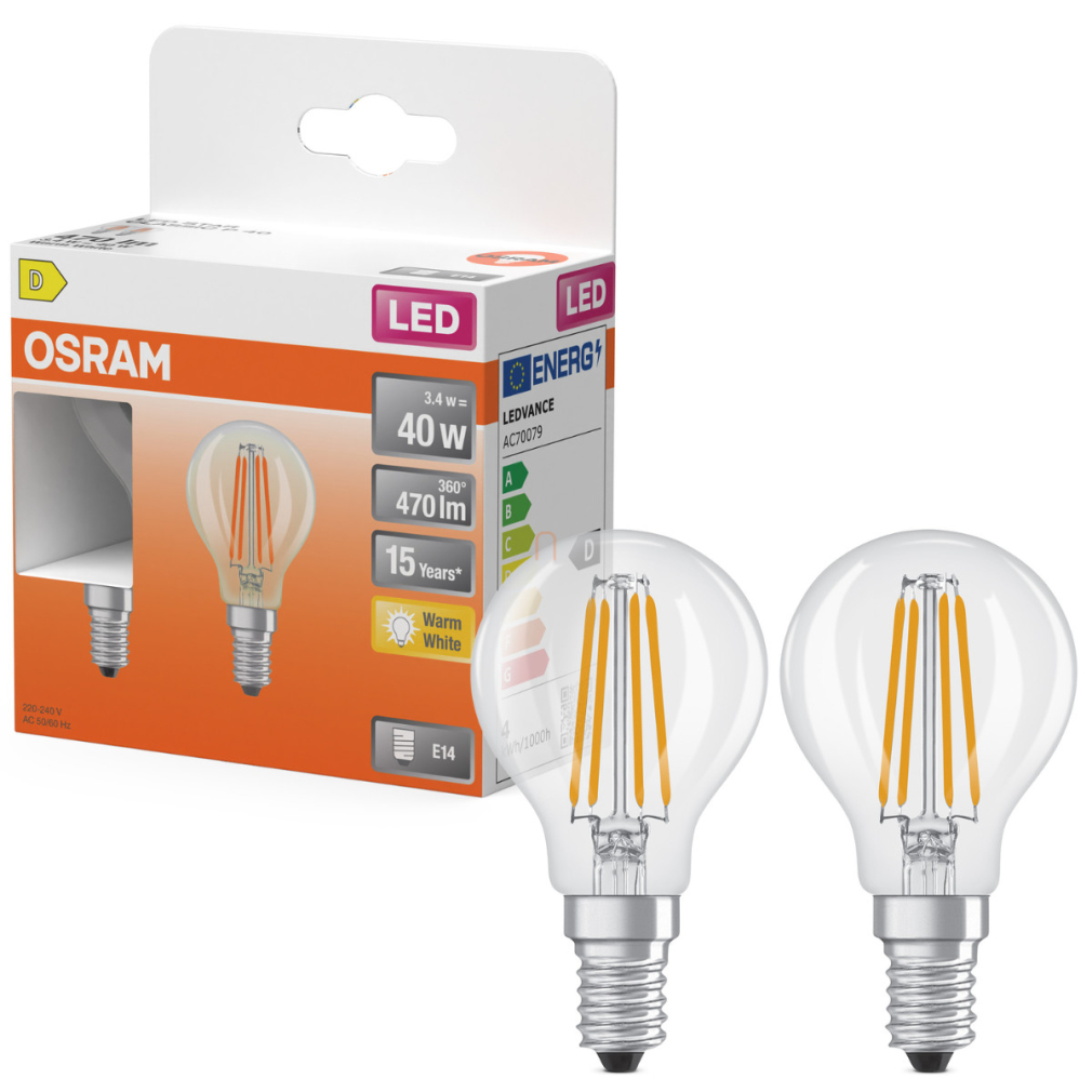 Osram E14 LED kisgömb, 3,4W, 470 lm, 2700 K, melegfehér, áttetsző üveg-40 W izzó helyett, 2 darabos - Superstar Classic P filament