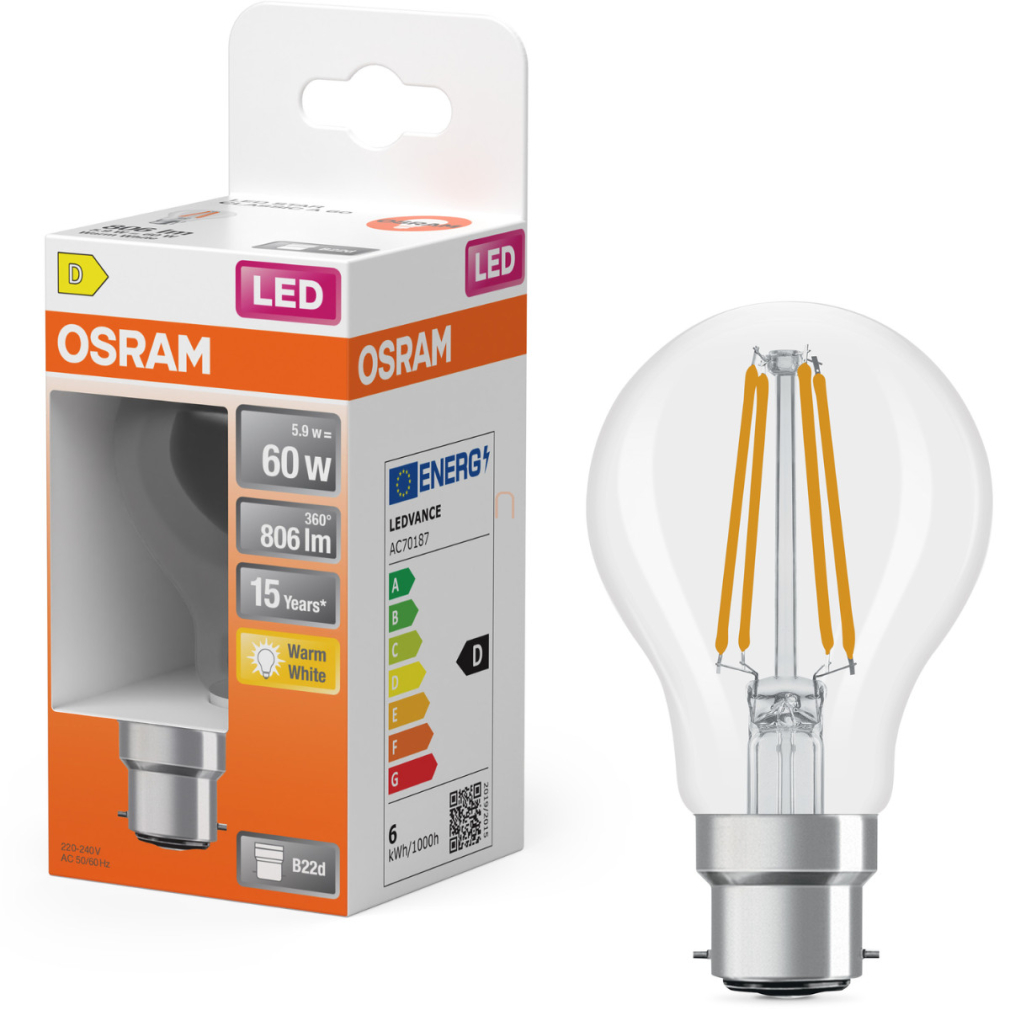 Osram B22d LED 5,9W, 806 lm, 2700 K, melegfehér, áttetsző üveg-60 W izzó helyett - Star Classic A filament