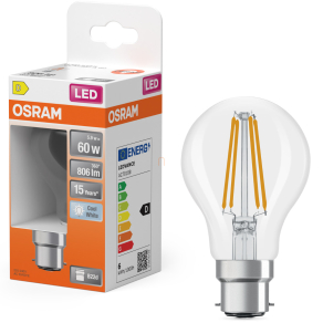   Osram B22d LED 5,9W, 806 lm, 4000 K, hidegfehér, áttetsző üveg-60 W izzó helyett - Star Classic A filament