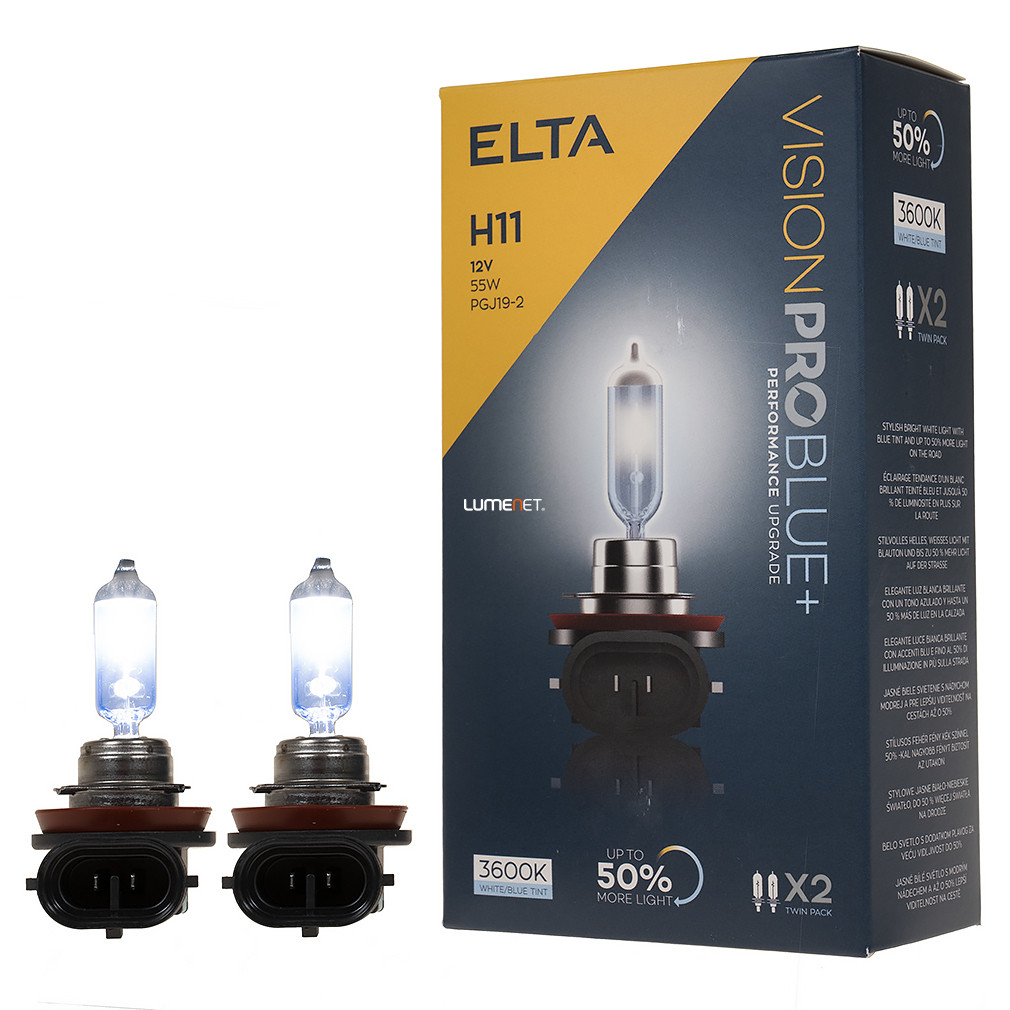 Elta Vision Pro Blue+ H11 autóizzó 12V 55W, +50%, 2db/csomag