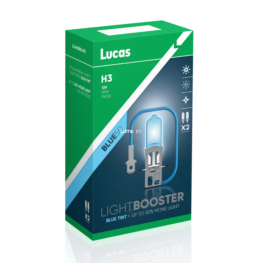 Lucas LightBooster Blue H3 autóizzó 12V 55W, +50%, 2db/csomag