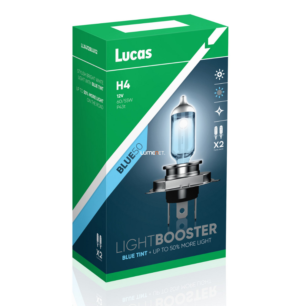 Lucas LightBooster Blue H4 autóizzó 12V 60/55W, +50%, 2db/csomag